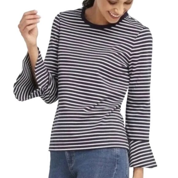 Draper James Sadler Navy White Stripe Bell Long Sleeve top Size Large - Picture 3 of 9